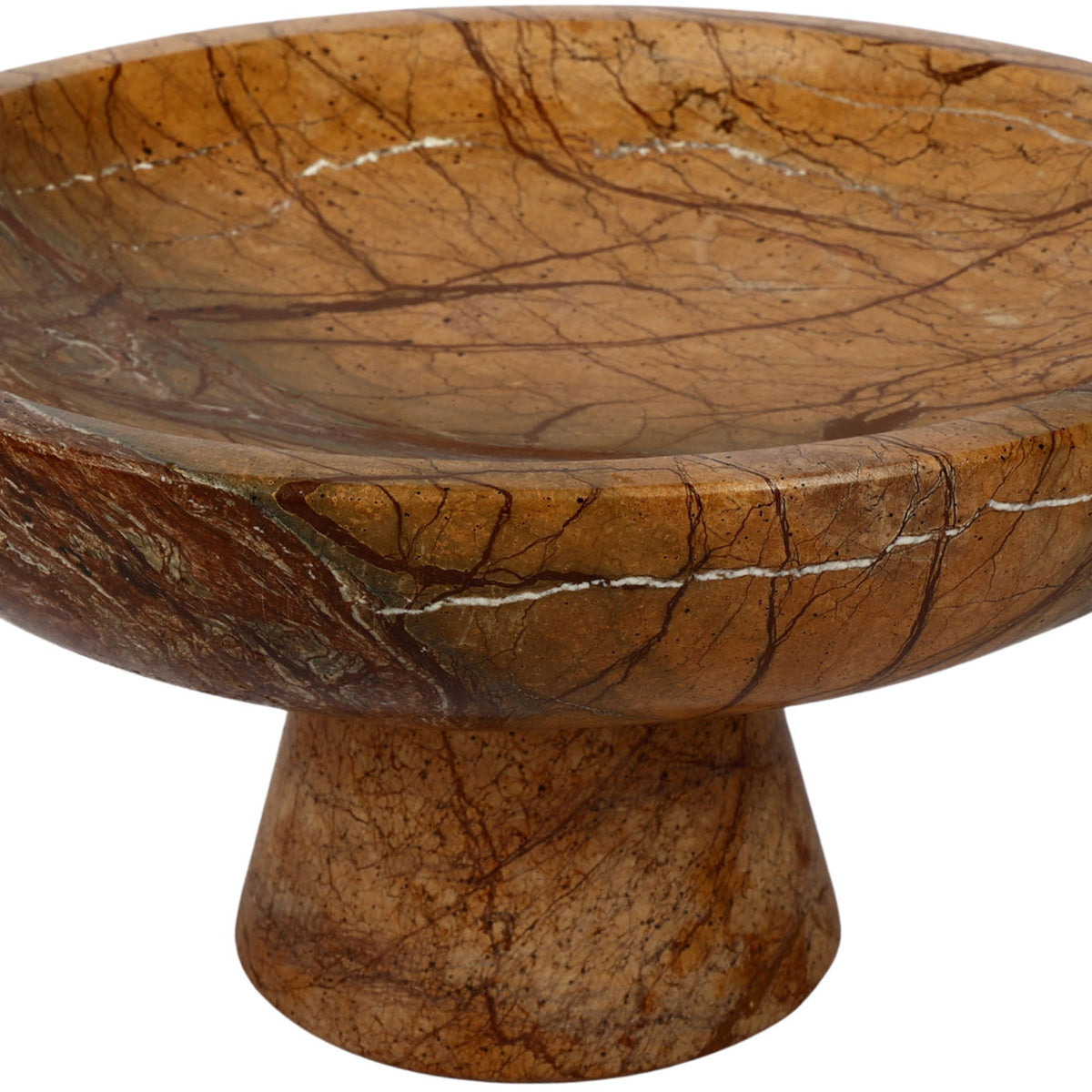Brown marble pedestal bowl with golden tones and dark branching vein lines