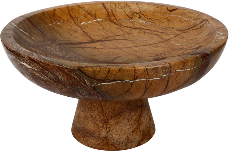 Brown marble pedestal bowl with golden tones and dark branching vein lines
