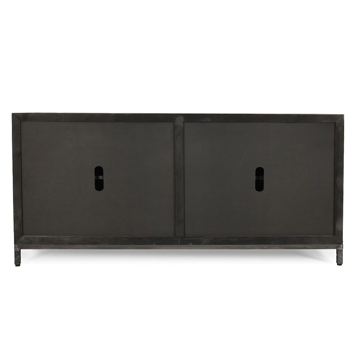 Weathered black sideboard with two wide panels and arched pull cutouts