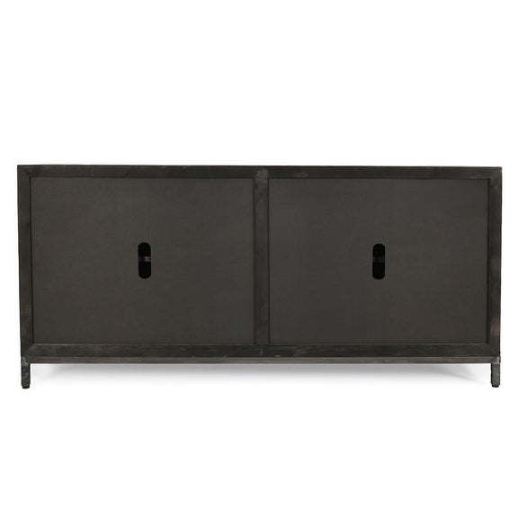 Weathered black sideboard with two wide panels and arched pull cutouts