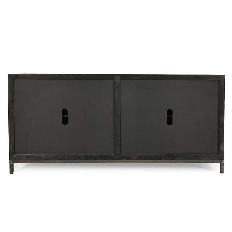 Weathered black sideboard with two wide panels and arched pull cutouts