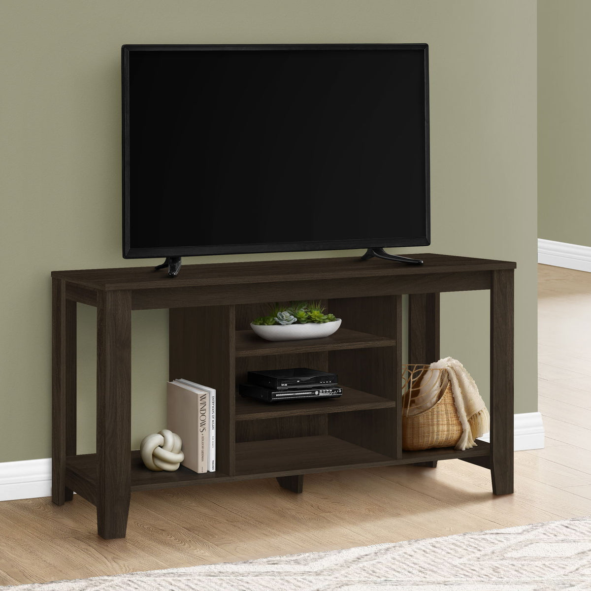 TV Stand, Console, Media Entertainment Center, Storage Shelves, Durable Construction - Espresso