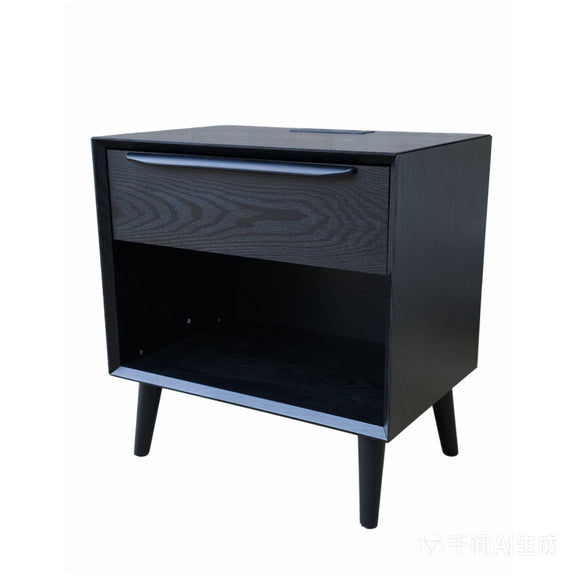 Black bedside table with 1 drawer, open shelf, and tapered legs