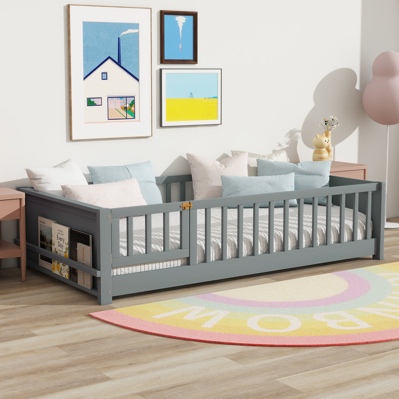 Twin Size Floor Bed with Built-in Book Rack and Door, Grey