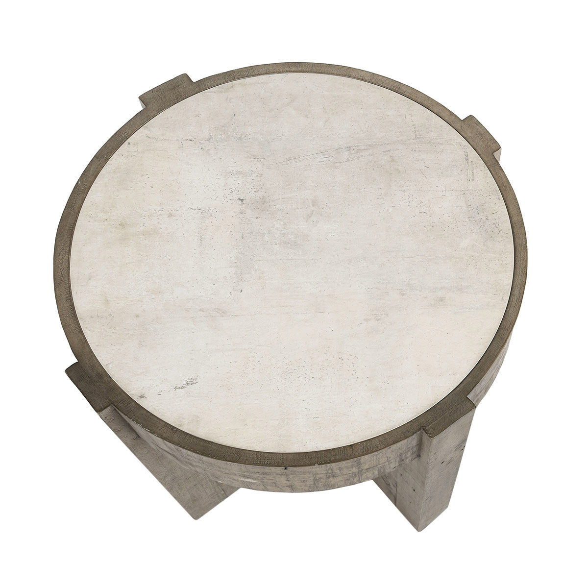Round tabletop with distressed gray base supports and concrete-look top surface.