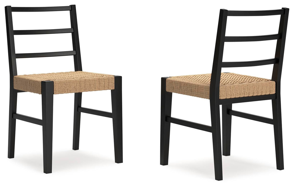 Set of two black dining side chairs with light brown woven seats and ladder backs.