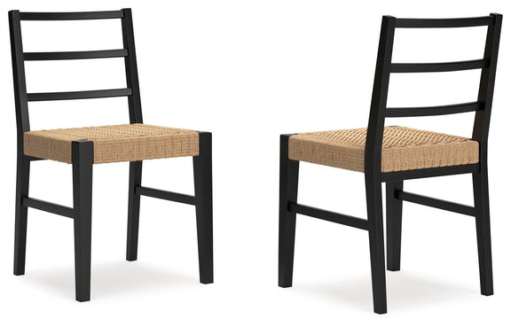 Set of two black dining side chairs with light brown woven seats and ladder backs.