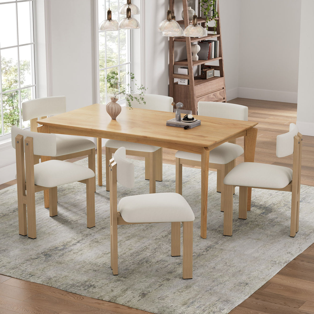 Dining set: light wood rectangular table with white armless upholstered chairs