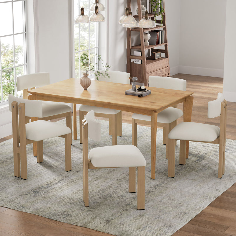 Dining set: light wood rectangular table with white armless upholstered chairs