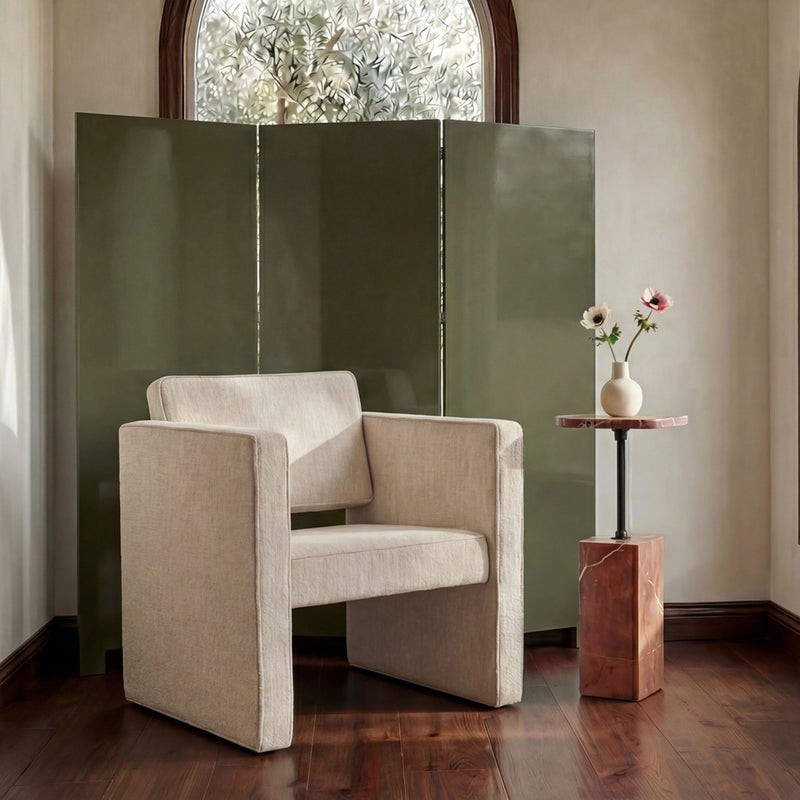 Deep olive 3-panel room divider screen with fabric panels and flat base feet