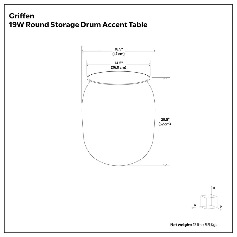 Griffen round metal storage accent table with flat lid and drum shape