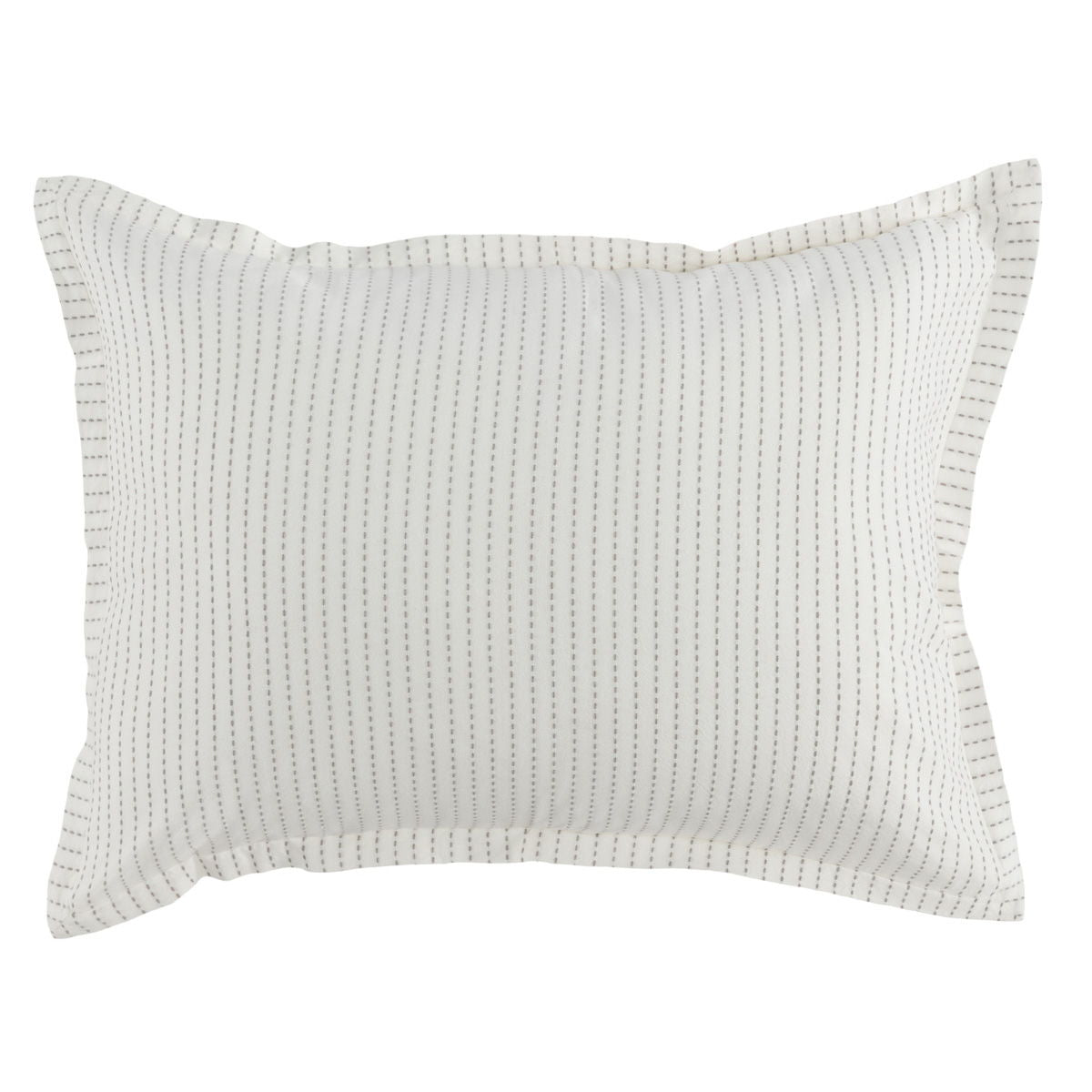 Rectangular white pillow sham with fine vertical pinstripe texture and stitched border