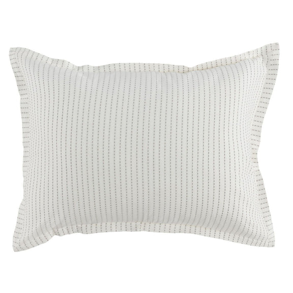 Rectangular white pillow sham with fine vertical pinstripe texture and stitched border
