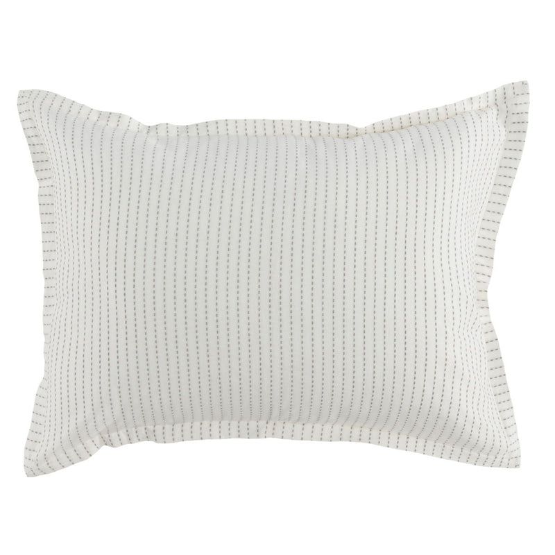 Rectangular white pillow sham with fine vertical pinstripe texture and stitched border