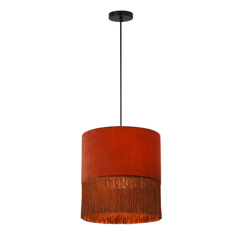 Brick tassel pendant lamp with black ceiling canopy, hanging cord, drum shade