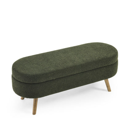 Dark green oval storage bench with upholstered top and rubber wood legs