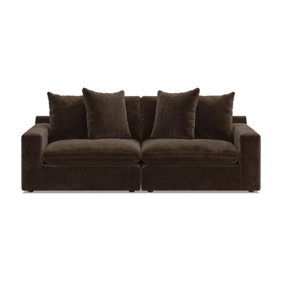 Dark brown 2-piece sectional sofa with four back cushions and squared arms