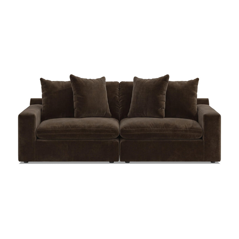 Dark brown 2-piece sectional sofa with four back cushions and squared arms