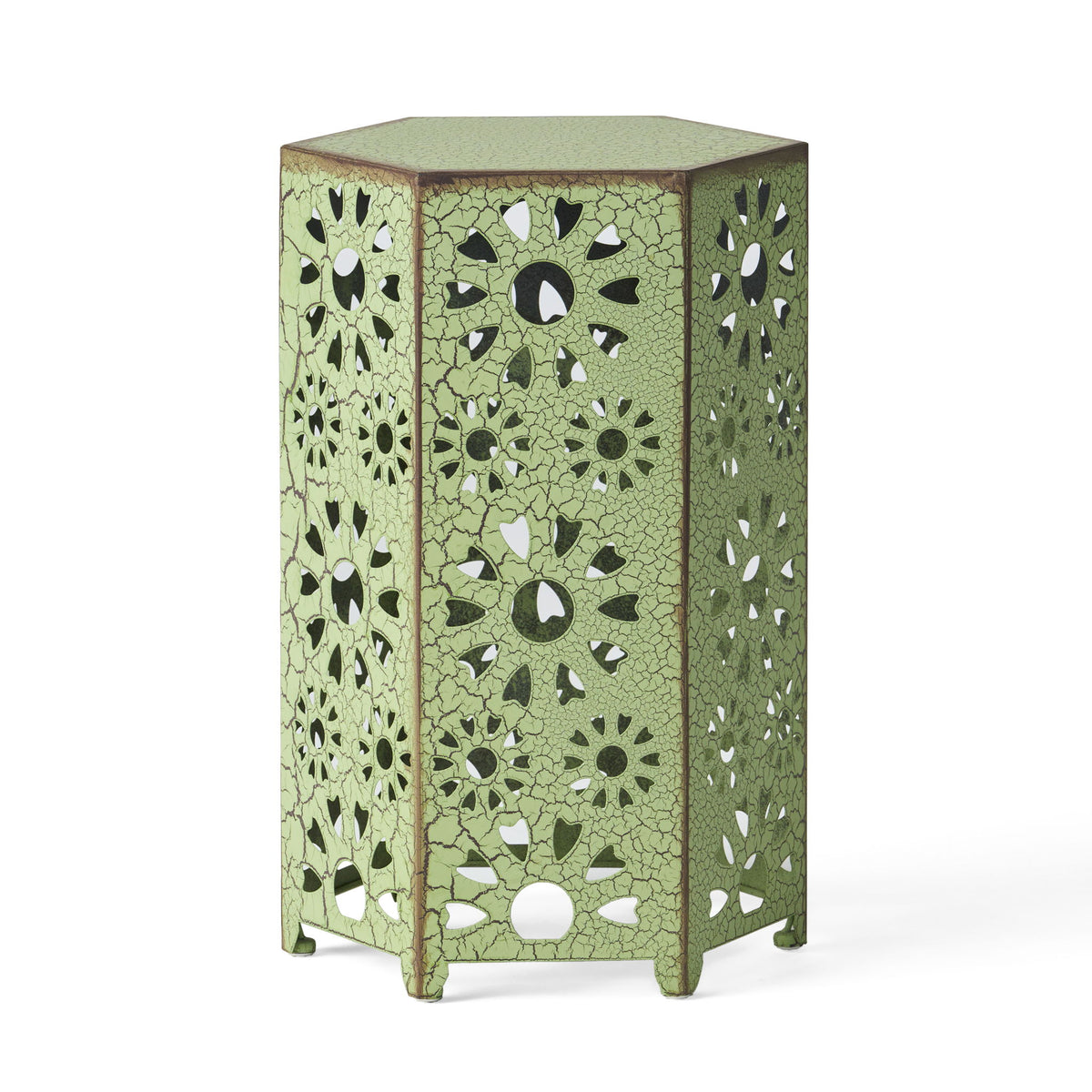 Green metal side table with mosaic-style cutouts and lower shelf, square top