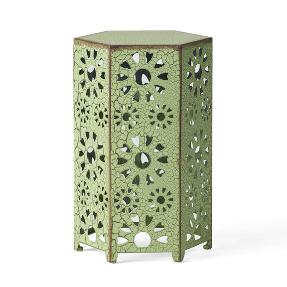 Green metal side table with mosaic-style cutouts and lower shelf, square top