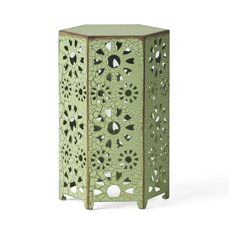 Green metal side table with mosaic-style cutouts and lower shelf, square top