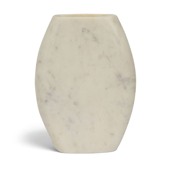 White marble vase with faint gray veining and dark opening, smooth tapered profile.