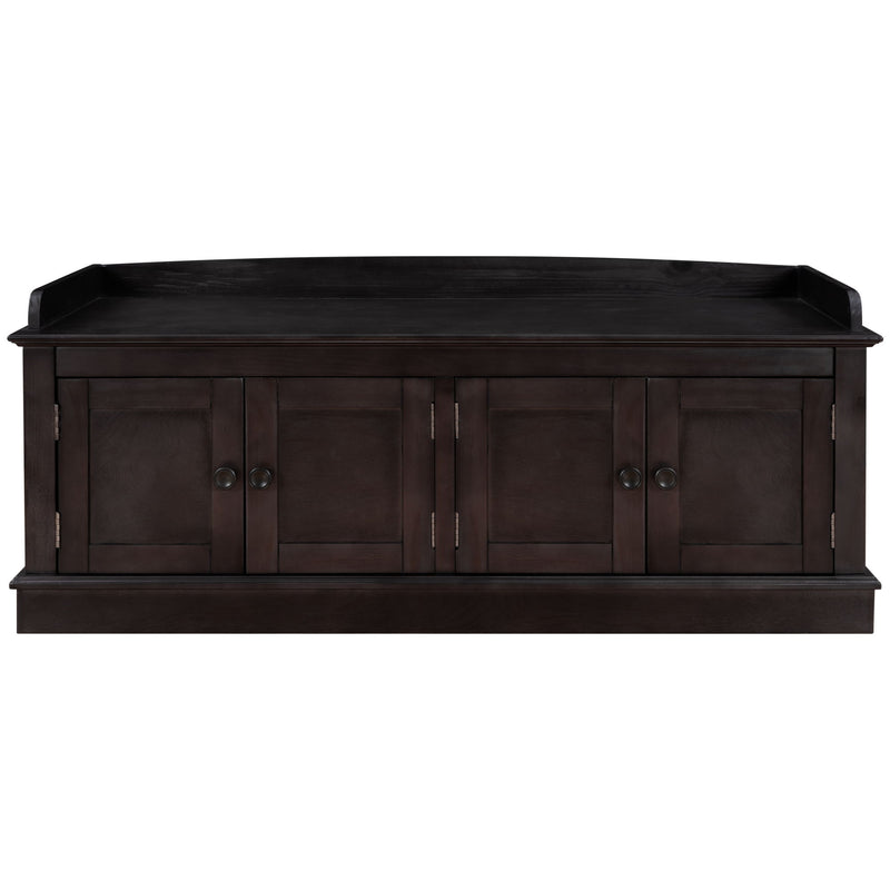 Dark brown storage bench with four paneled doors and a raised back edge