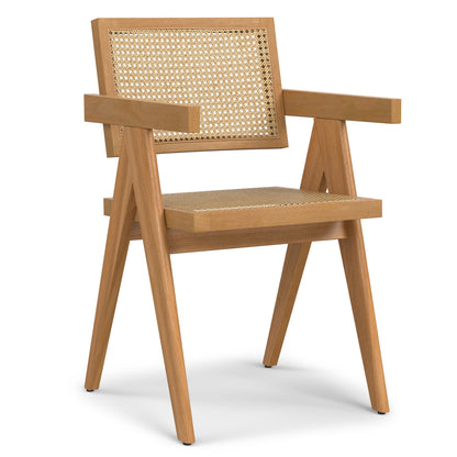 Light brown dining armchair with woven back and seat, wood arms and tapered legs