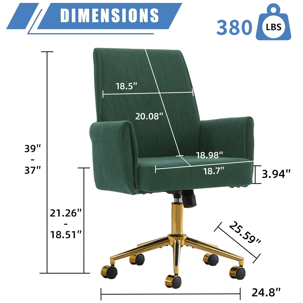 Mid-back office chair with gold base in dark green; dimensions diagram on white background