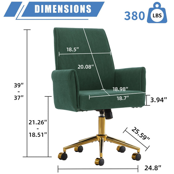 Mid-back office chair with gold base in dark green; dimensions diagram on white background