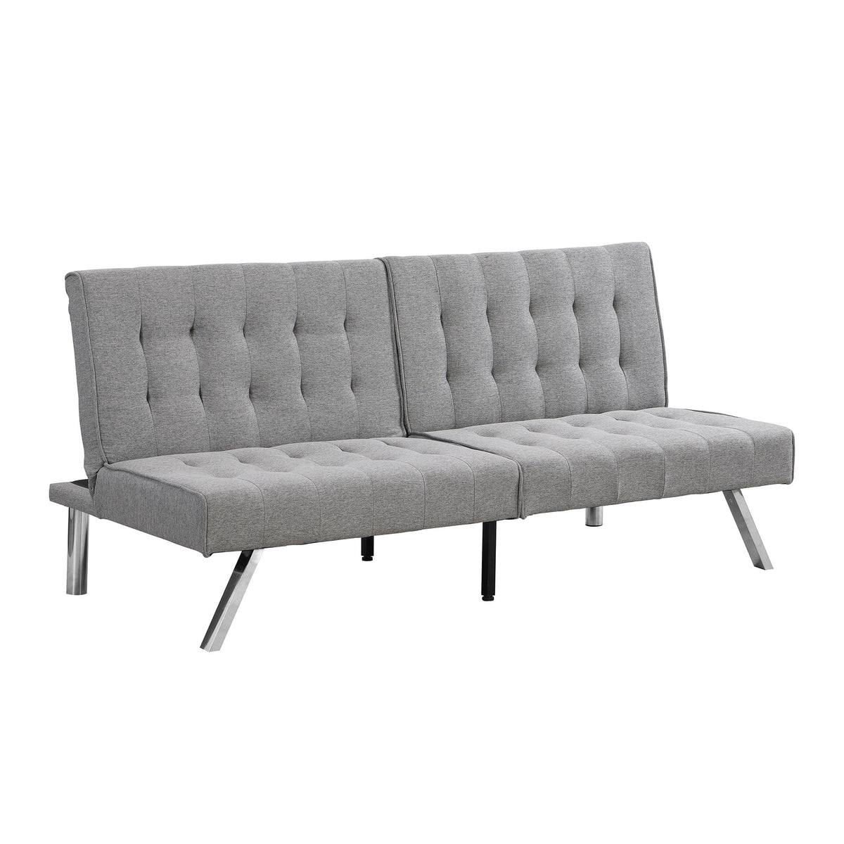 Gray tufted futon sofa bed with split back and metal legs