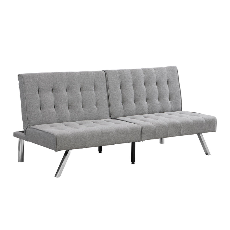 Gray tufted futon sofa bed with split back and metal legs