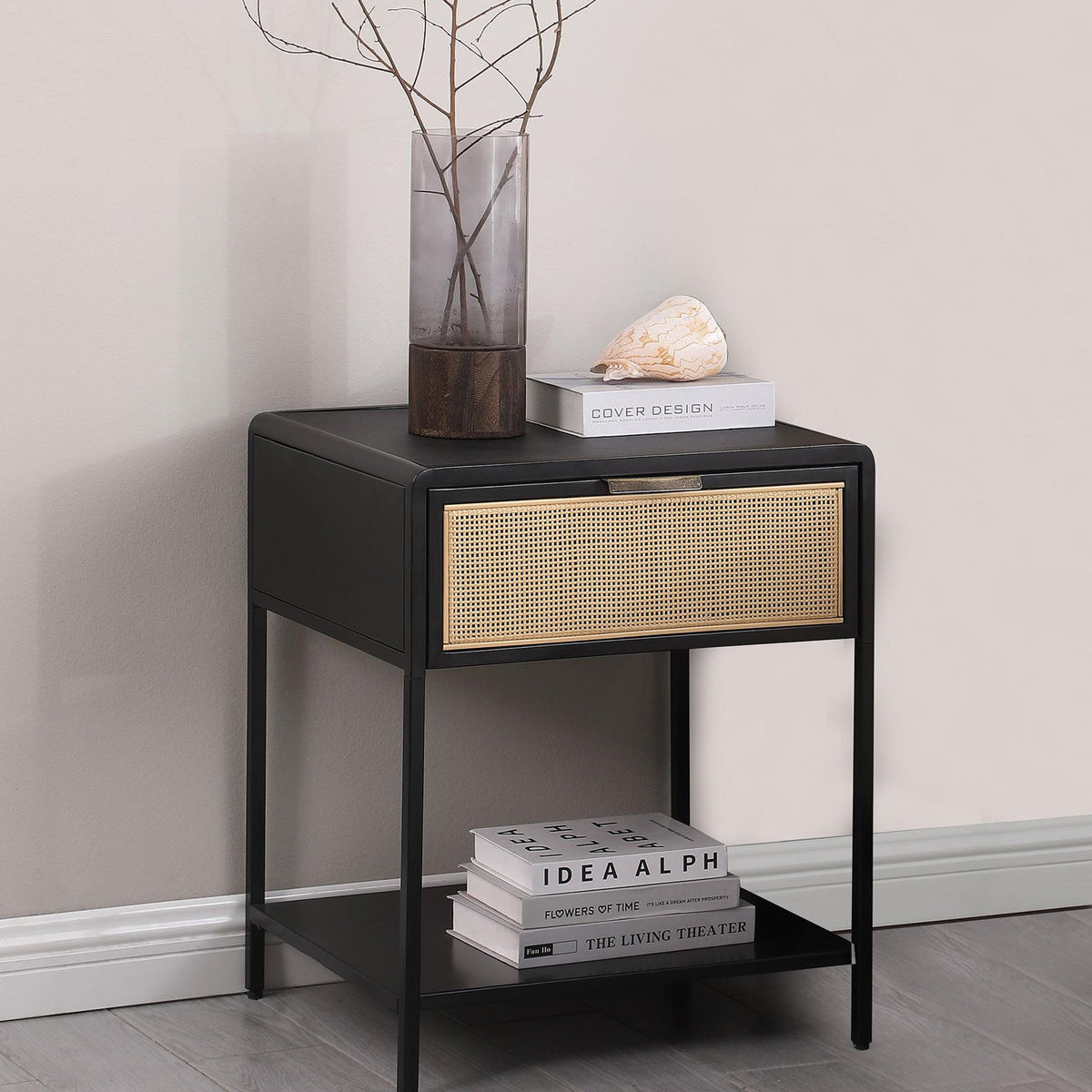 Amherst 1-drawer Radio Weave Cane Metal Bedside Table Black