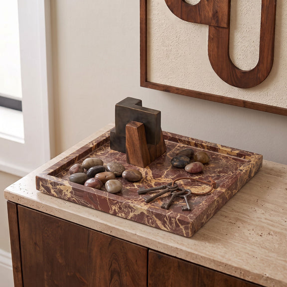 Brown marbled marble tray with stones and keys on a tabletop