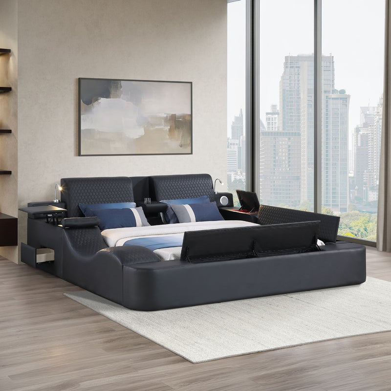 Dark multifunctional massage bed with padded headboard and slatted base