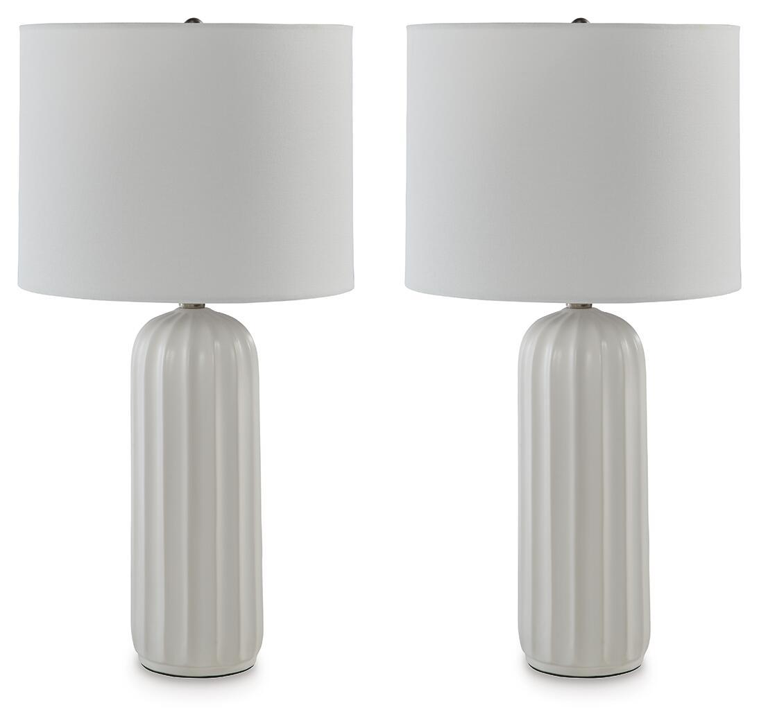 Set of 2 white ceramic table lamps with ribbed bases and white fabric shades.