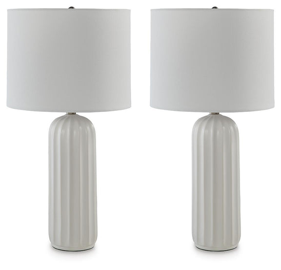 Set of 2 white ceramic table lamps with ribbed bases and white fabric shades.
