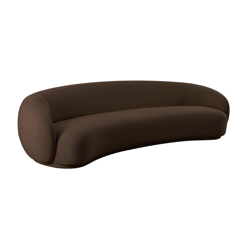 Dark brown velvet sofa with rounded arms and back, low modern profile