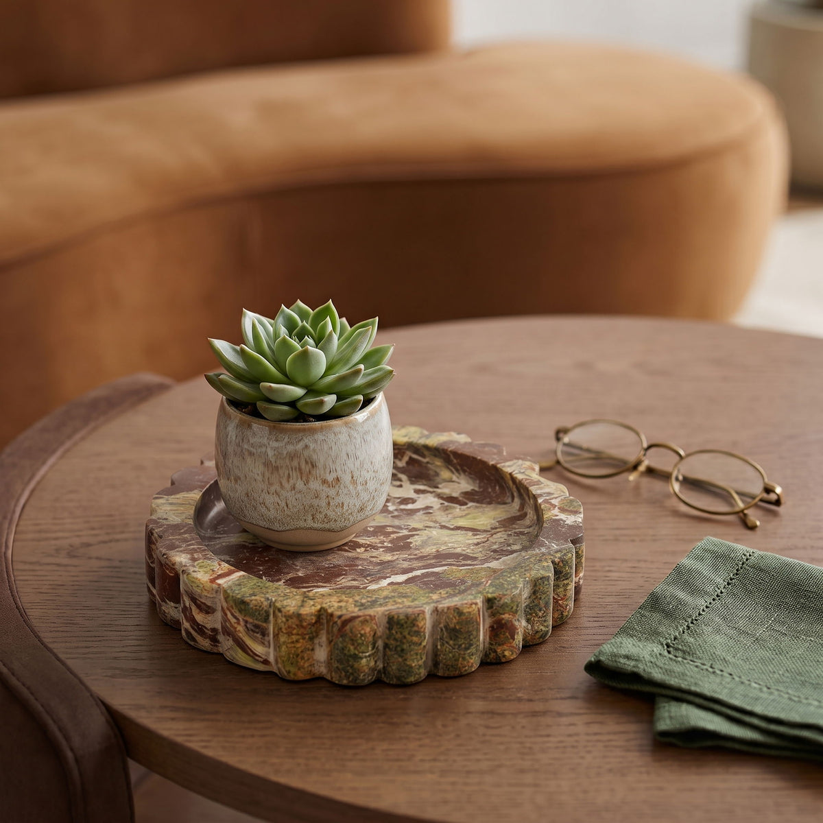 Ricardo genuine marble tray with scalloped rim in green veined marble