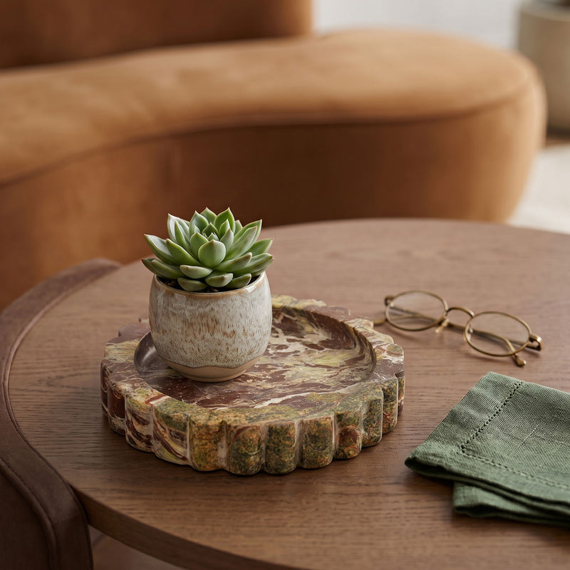Ricardo genuine marble tray with scalloped rim in green veined marble