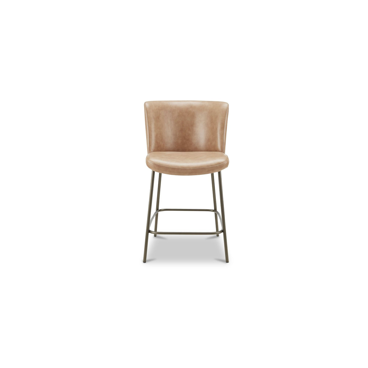 Tan leather counter stool with padded seat and back, brushed metal legs