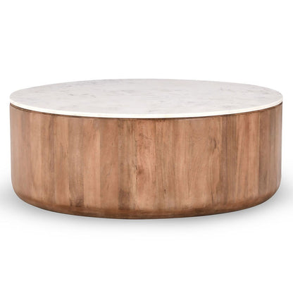 Round table featuring a white marble-look top atop an umber wood base.