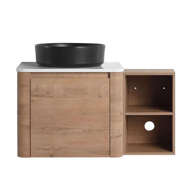 Wall-mounted bathroom vanity with white art sink and open right storage shelf in wood