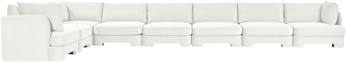 Velvet white L-shaped sectional sofa, 8-piece modular seating with wide arm cushions