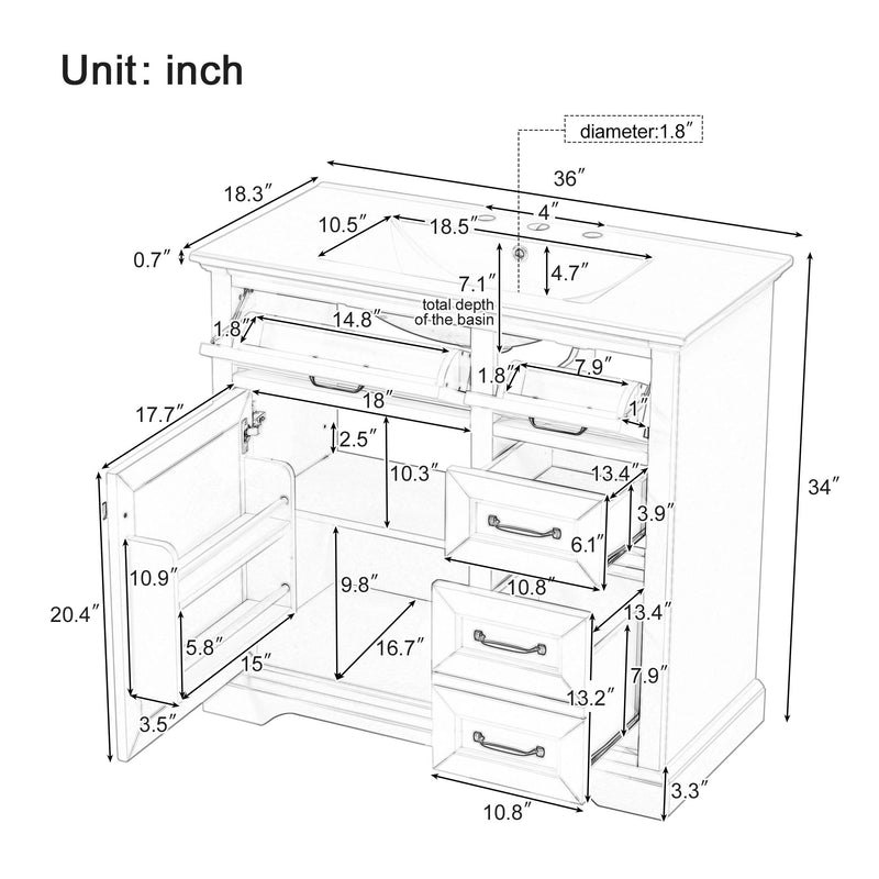 36 in bathroom vanity with sink cabinet layout diagram, tip-out drawers and drawers