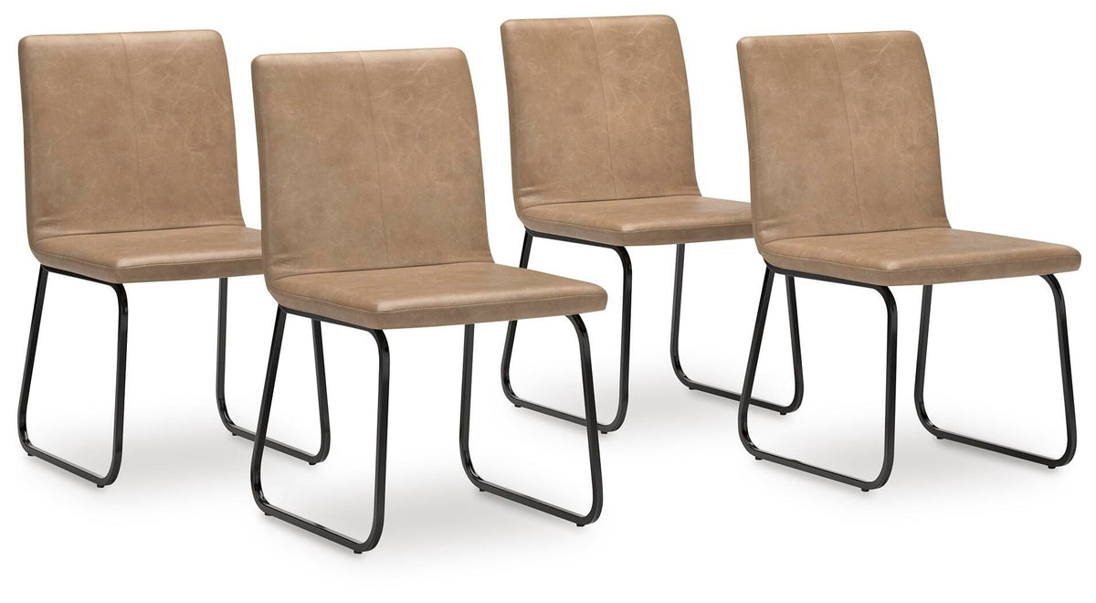 Set of four tan upholstered dining side chairs with curved backs, black metal sled legs
