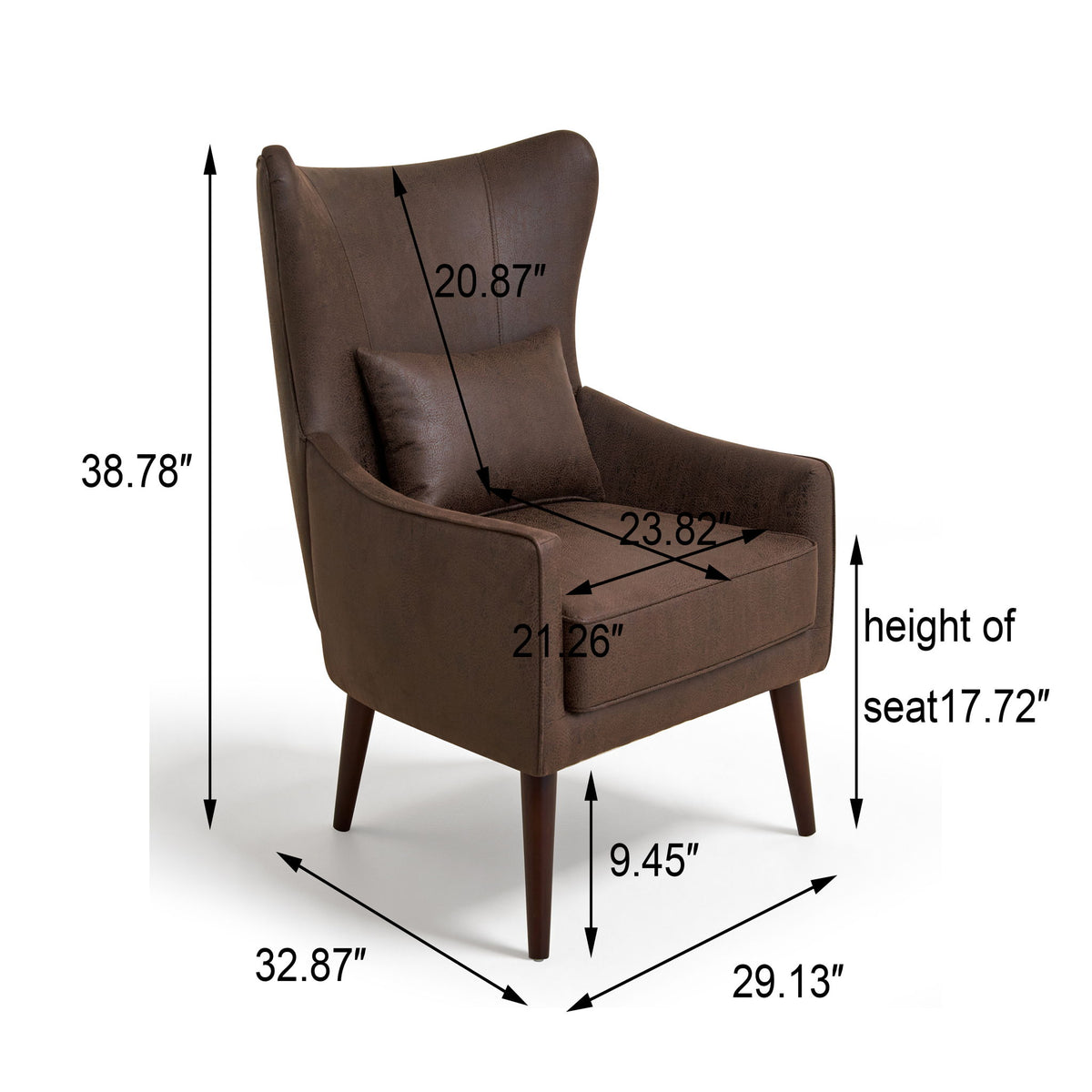 Curved-back lounge chair in dark brown fabric with size measurements overlay.