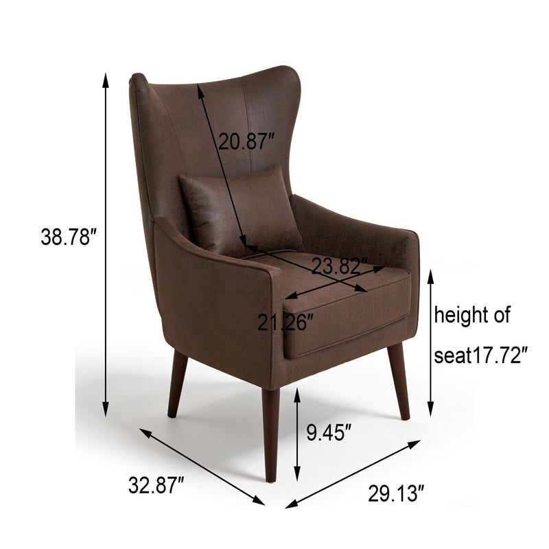 Curved-back lounge chair in dark brown fabric with size measurements overlay.