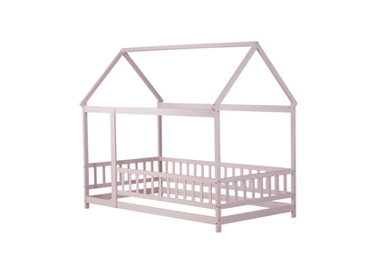 Twin Size House Floor Wooden Bed with Roof Frame, Safety Guardrails, Pink7303