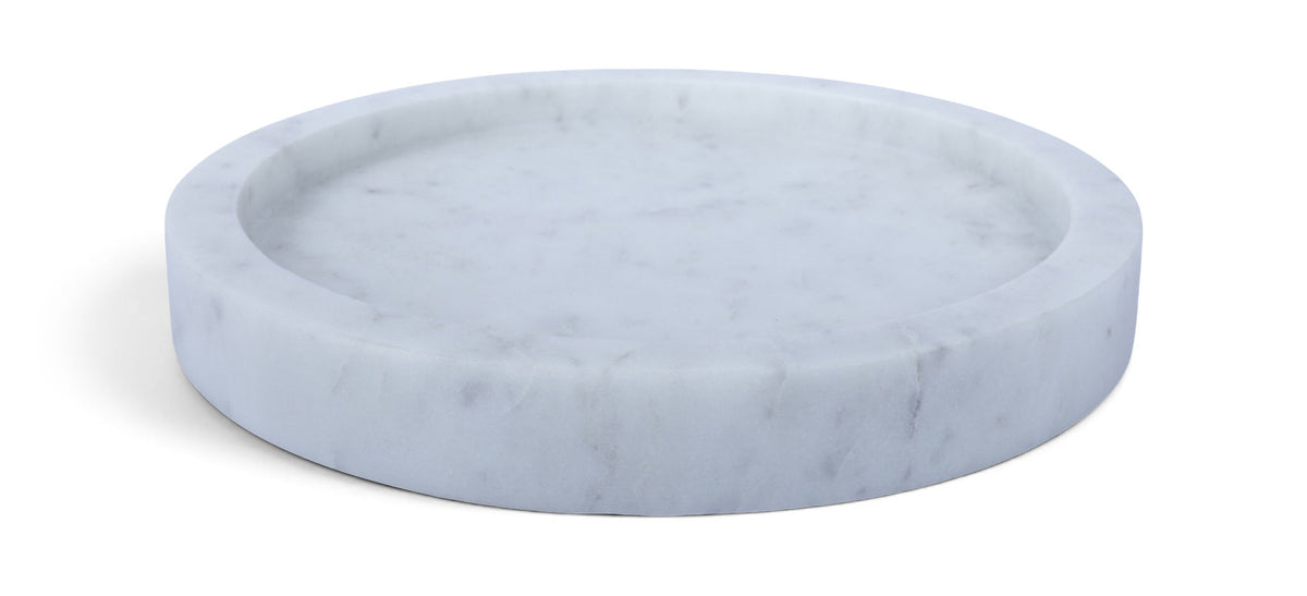 White marble tray with round shallow basin and subtle gray veining